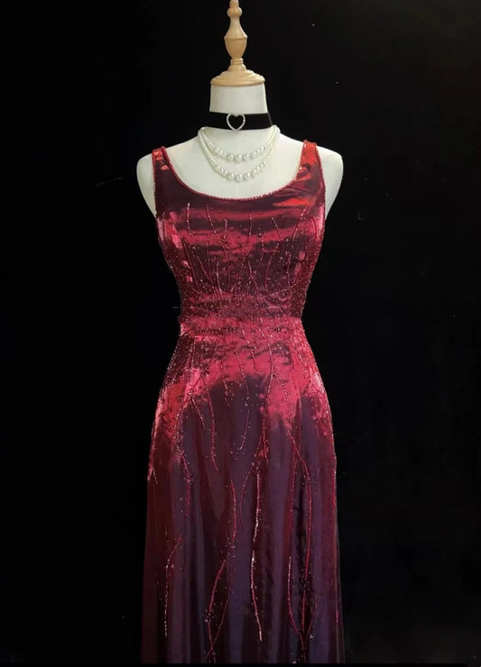 Vintage Prom-Kleider A-Linie Quadratisch Burgund mit Glitzer Perlen 80er Abendkleid Formell RB3278