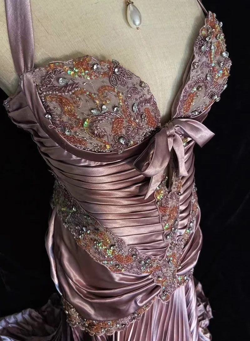Vintage Abschlussballkleider 80er Meerjungfrau Neckholder Rosa Satin mit Rüschen Lange Abendoutfits N3452