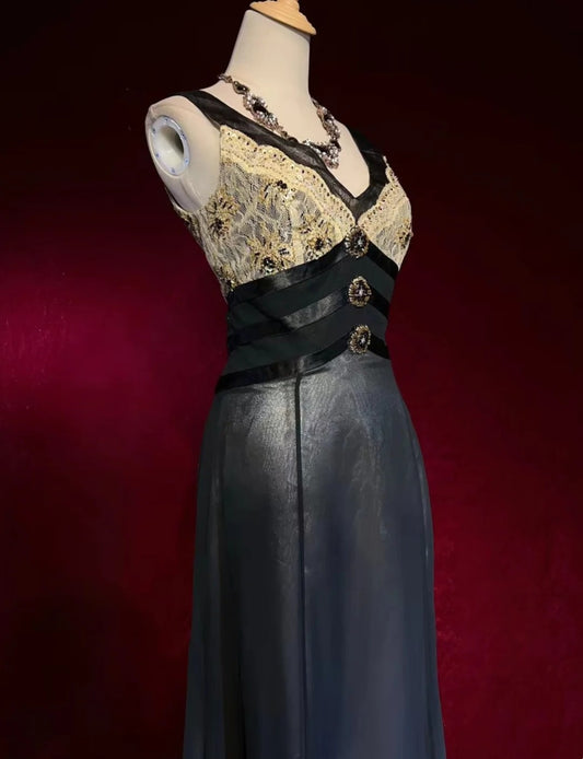 Vintage Meerjungfrauen-Abschlussballkleider mit V-Ausschnitt, Perlen, Satin, Schwarz, 80er Jahre, Abend-Formales Kleid RB3272