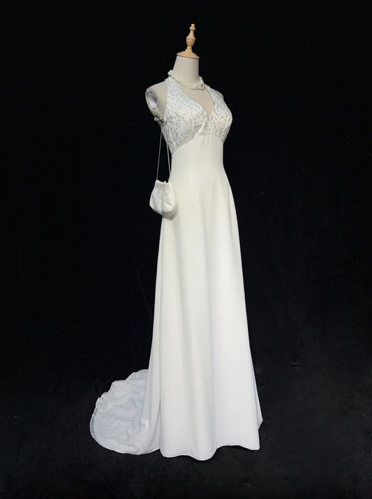 Chic A line Halter White Satin Wedding Bridal Gown Long Wedding Dresses RB5127