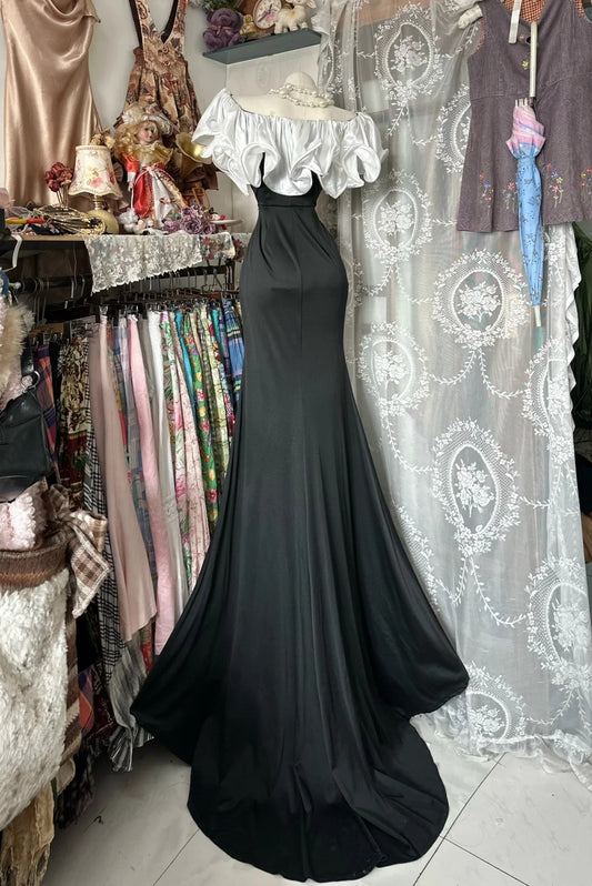 Classy Mermaid Off The Shoulder Black With Short Sleeves Long Senior Prom dresses High School Formal Dresses N1278