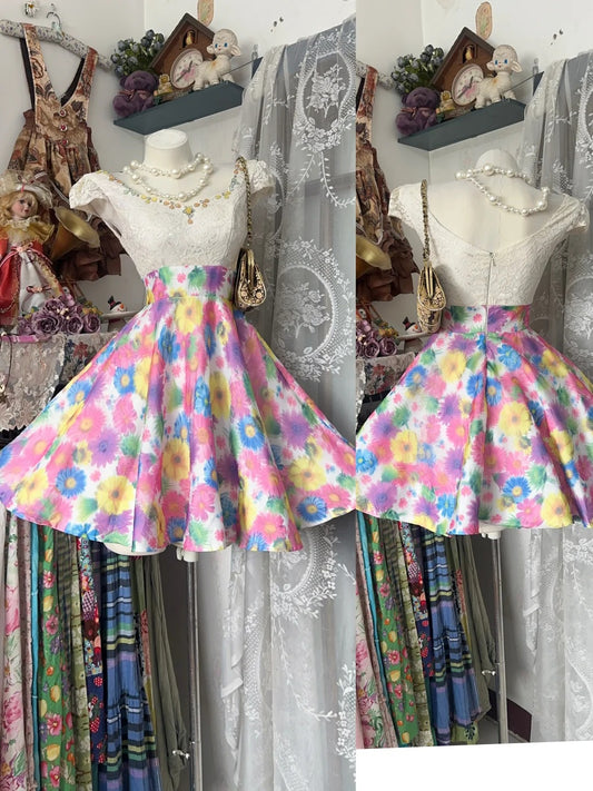Vintage Ball Gown Floral Skirt White Lace Short Cocktail Homecoming Dresses Ideas Hoco Outfits RB5294