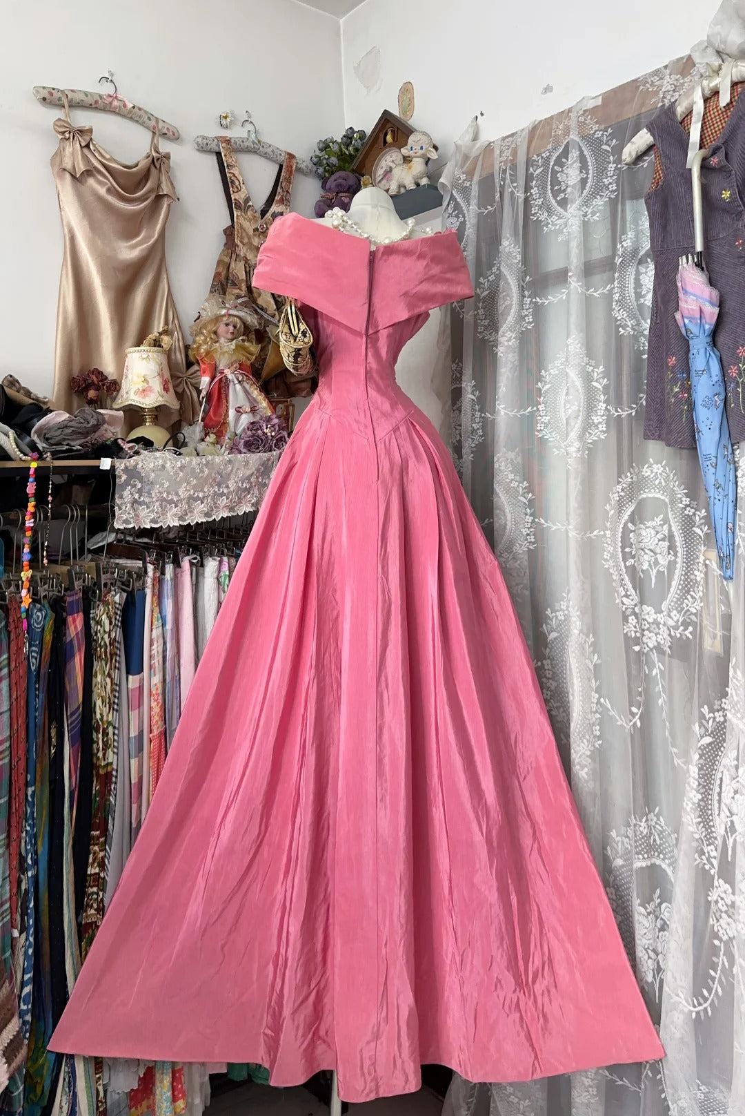 Robe de bal vintage esthétique années 60 Rétro Robe de soirée longue rose épaules dénudées N2257