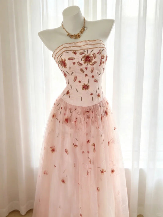 Vintage-Abschlussballkleider A-Linie Trägerlos Pink 80er Jahre mit Perlen Lang Formelle Abendgarderobe N4206