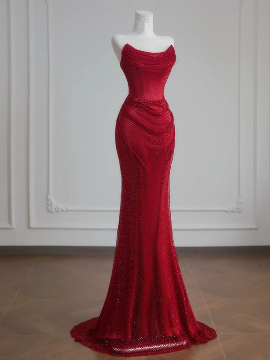Robe de soirée longue à sequins rouges scintillants, décolleté cœur, style sirène, N728