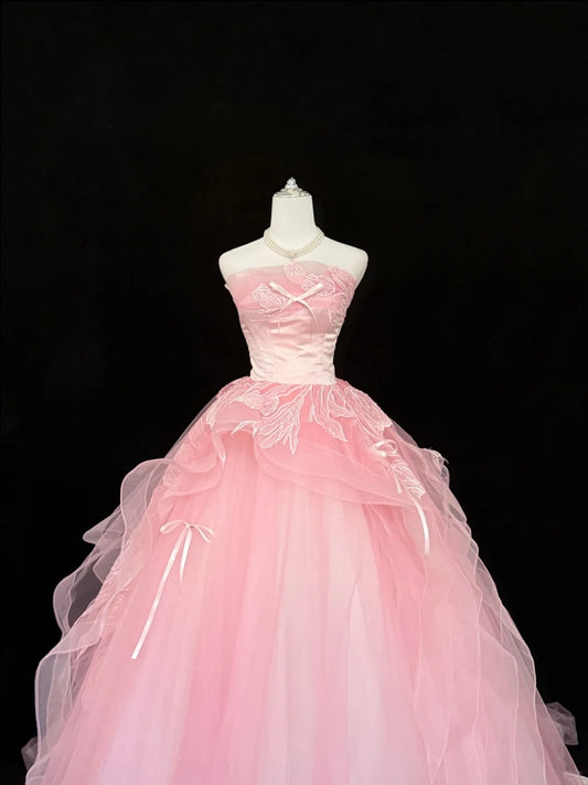Sweet 16 Dresses Long Ball Gown Sweet Sixteen Long Birthday Dress Strapless Appliqued Pink Formal Gown RC0301