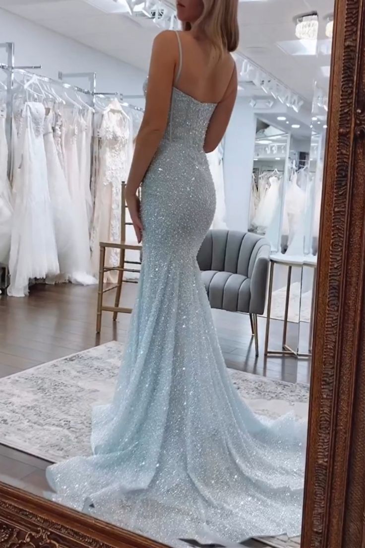 Shiny Blush Pink Sequins Mermaid Spaghetti Straps Long Beaded Prom Dress Party Gowns RB1672