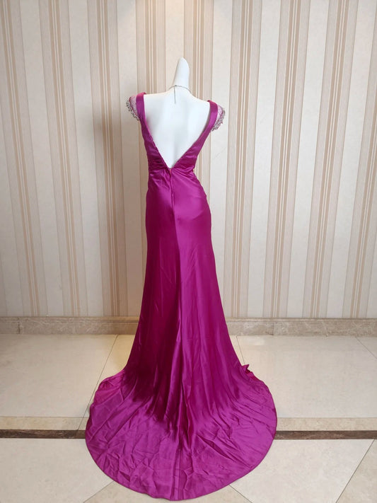 Vintage Ballkleider Meerjungfrau V-Ausschnitt Satin 80er Jahre mit Perlen Lang Formelle Abendgarderobe N4222