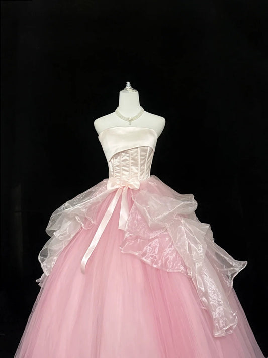 Sweet 16 Dresses Long Ball Gown Sweet Sixteen Long Birthday Dress Strapless Pink Tulle Formal Gown RC0324