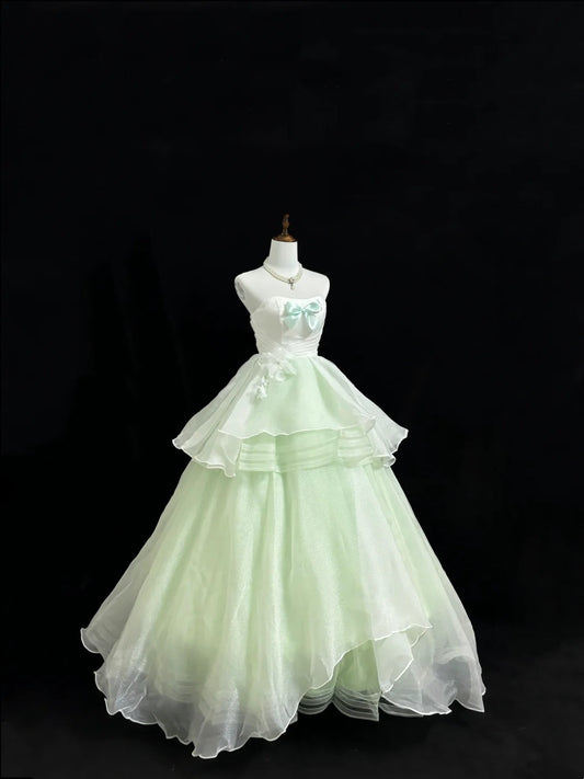 Sweet 15 Quinceanera Dress Ball Gown Strapless Mint Green With Flowers Tiered 15th Birthday Gown RC0231