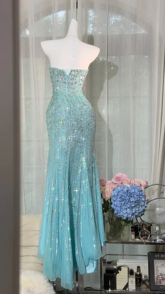 Sparkly Mermaid Sweetheart Blue Sequin With Beads Long Prom Dresses Formal Outfits RB3887