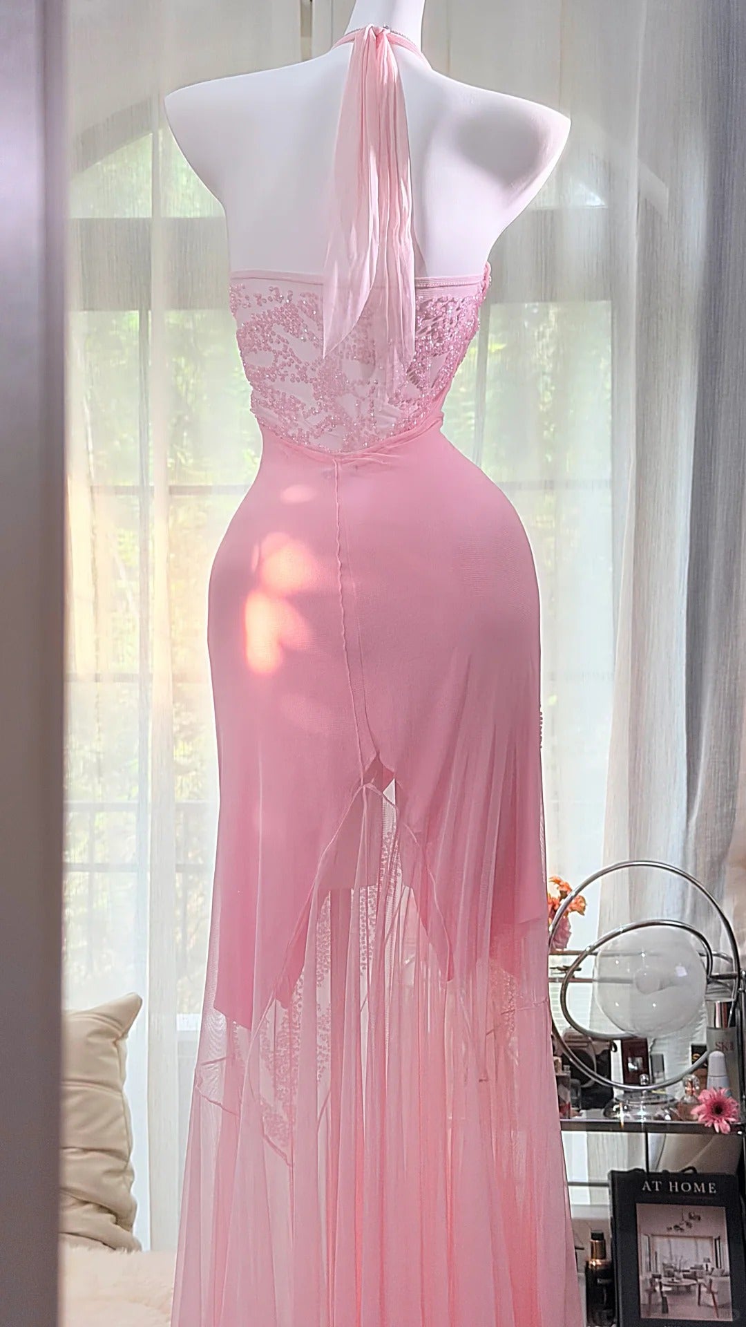 Prom Dress Mermaid Halter Pink Chiffon Sequined Floor Length High School Graduation Party Dresses RC1097
