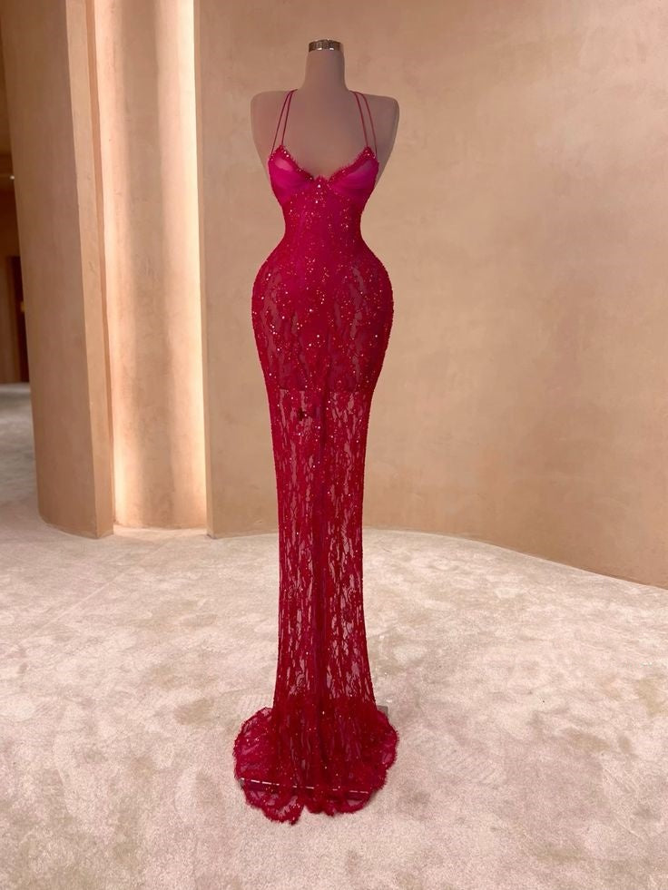 Robe de bal longue sirène sexy en dentelle rouge dos nu avec corsage perlé - Inspiration robe de soirée - Robe de bal formelle N179