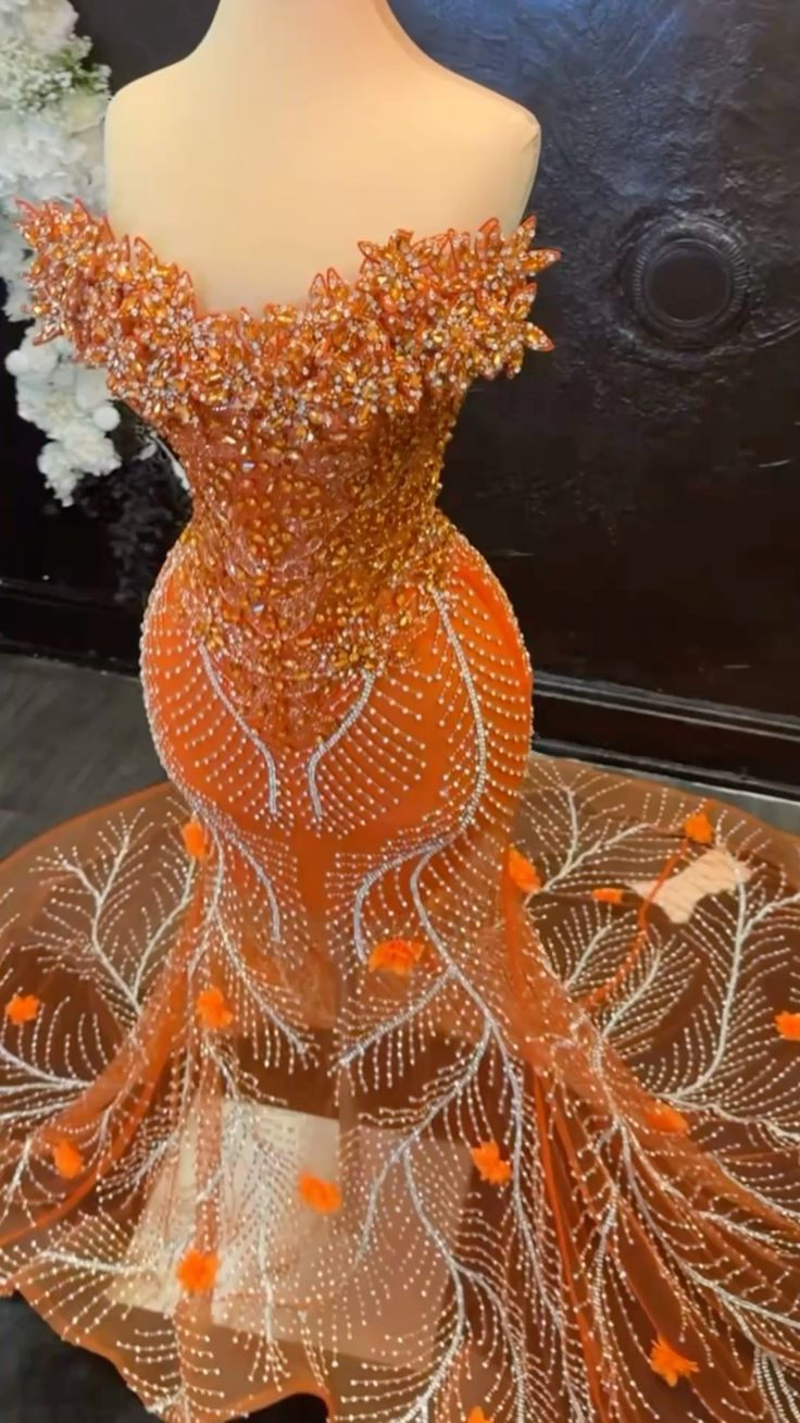 Robe de bal longue sirène scintillante à sequins orange en forme de cœur et corsage perlé - Inspiration robe de soirée - Robe de bal formelle N180