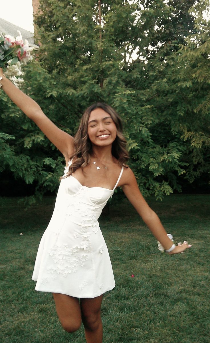 Cute Homecoming Outfit Ideas Mini Dress | White Spaghetti Strap Fit and Flare High School Ideas Inspo Senior Graduation Outfits RB7250