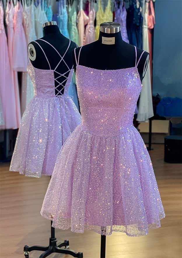 Süßes Ballkleid mit Spaghettiträgern, lila, ärmellos, Pailletten, kurzes Minikleid, 16. Geburtstagskleid, Hoco Outfits N1907