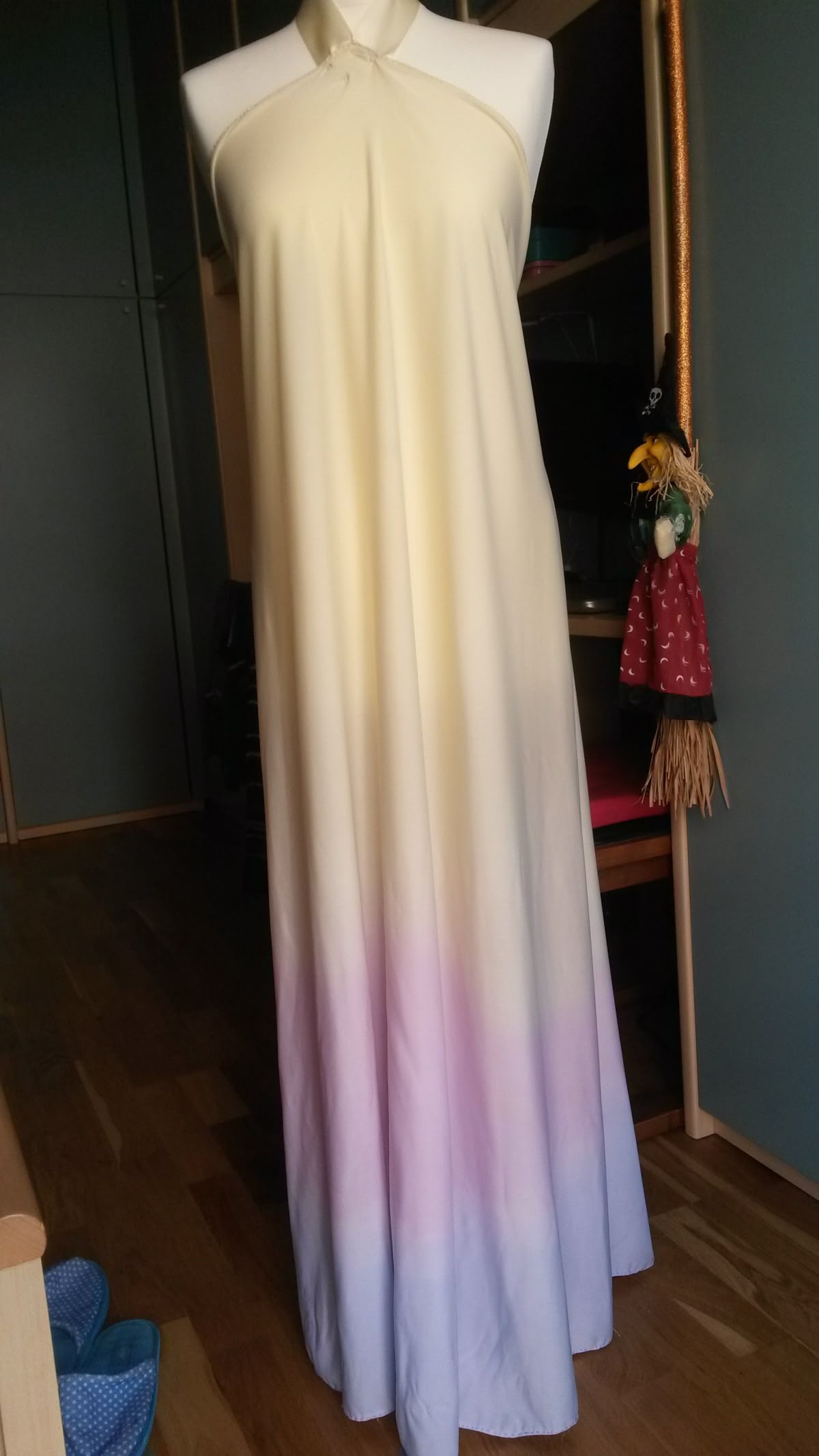 Damen Tie-Dye Maxikleid A-Linie Neckholder Gelb Farbverlauf Hohl Lang Sommer Ballkleider N2356