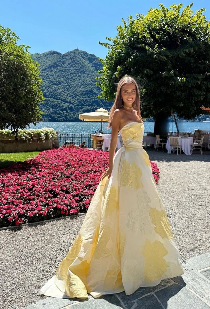 Robe de bal élégante et inspirante, sans bretelles, jaune à fleurs, longue, semi-formelle, pour adolescentes, lycéennes, AB1950