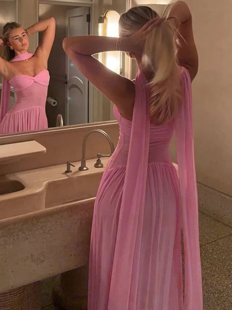 Sexy Maxi-Abendkleid mit Schalkragen, rückenfrei, rosa, trägerlos, AB1648