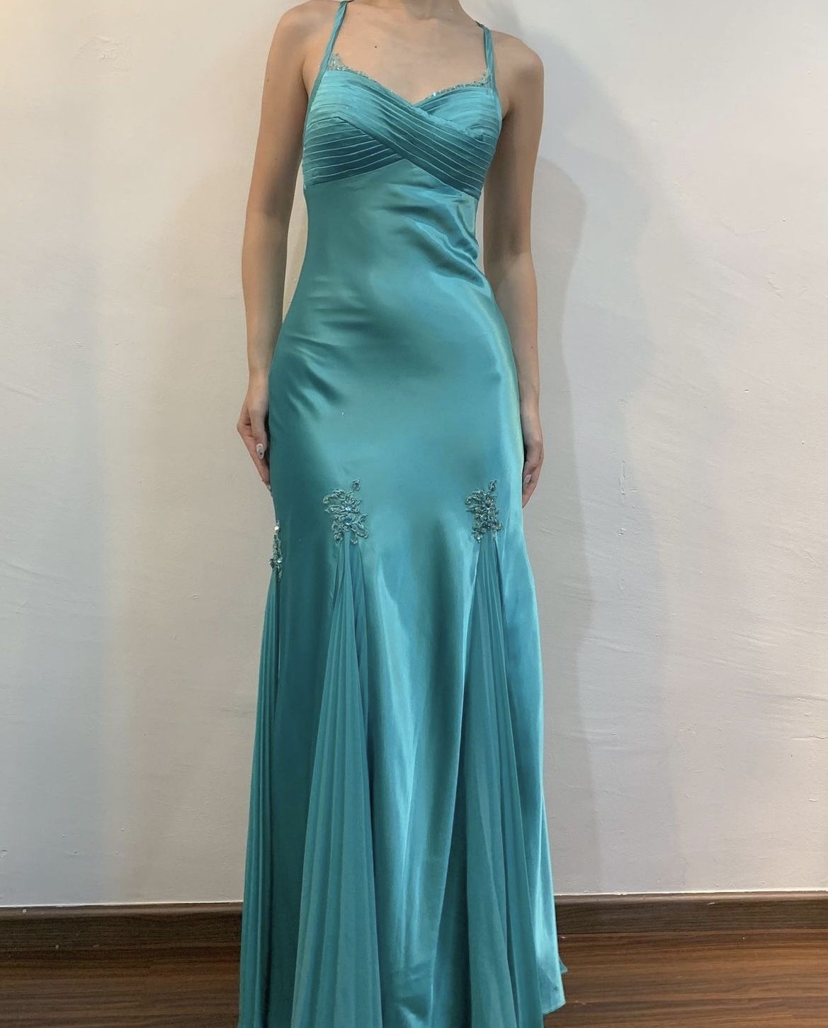 Vintage 80er Jahre Meerjungfrau Spaghettiträger Blau Satin Mit Perlen Formelles Kleid 18. Geburtstag Ballkleider N2774