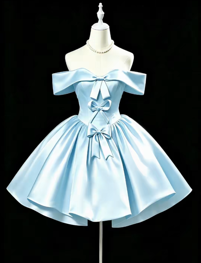 Cute Ball Gown Off The Shoulder Blue Satin Mini University Ideas Homecoming Dress Inspo Short Birthday Dresses Senior Graduation Outfits RB7189