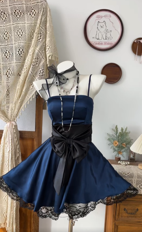Pretty A line Spaghetti Strap Navy Blue Party Homecoming Dresses High School Ideas Inspo 17th Birthday Outfits RB7364