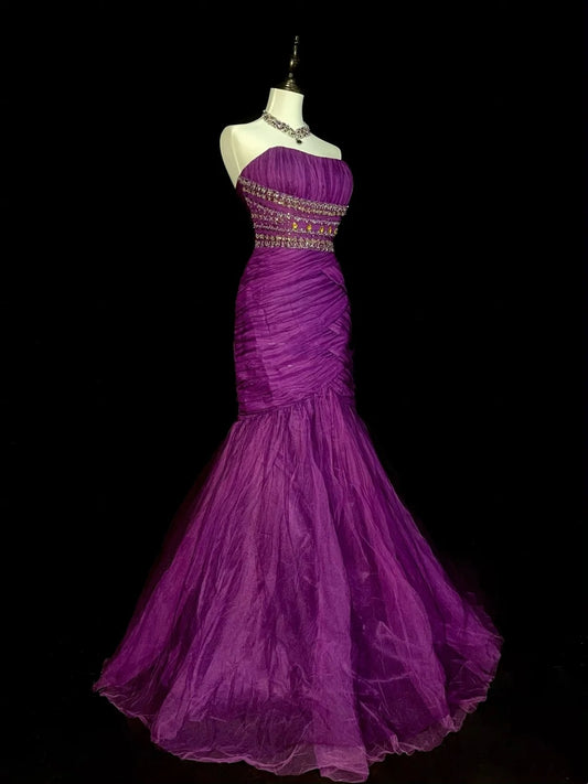 Vintage Mermaid Strapless Purple Tulle With Beaded 90s 2000s Senior Prom Dresses High School Long Formal Dress N1302