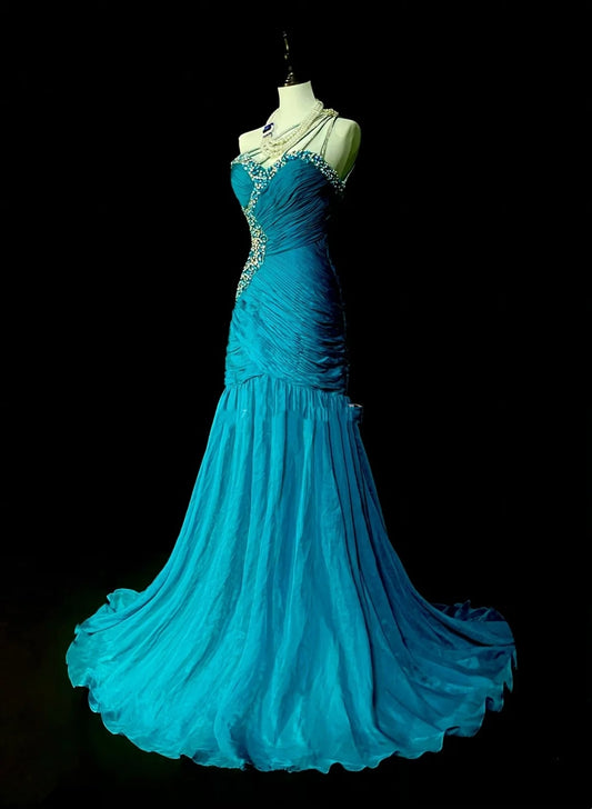 Vintage Mermaid One Shoulder Blue With Beaded 90s 2000s Senior Prom Dresses High School Long Formal Dress N1300