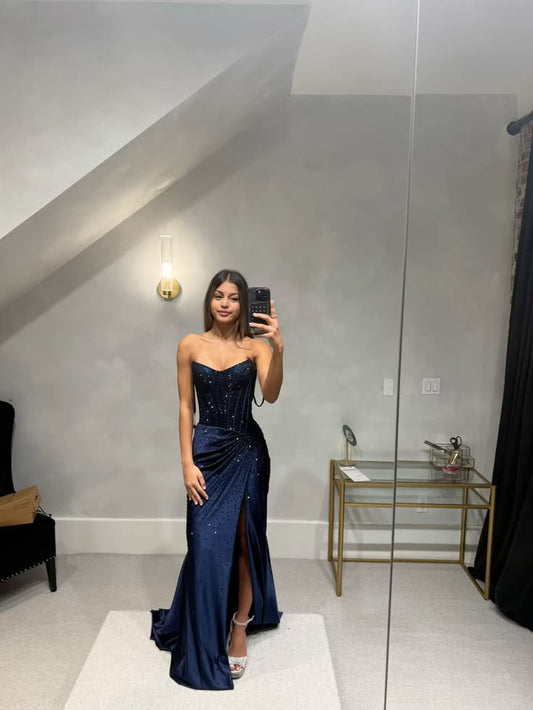 Neu eingetroffen Elegantes trägerloses nachtblaues langes Partykleid Ballkleider Meerjungfrau Bodycon für Damen N4076