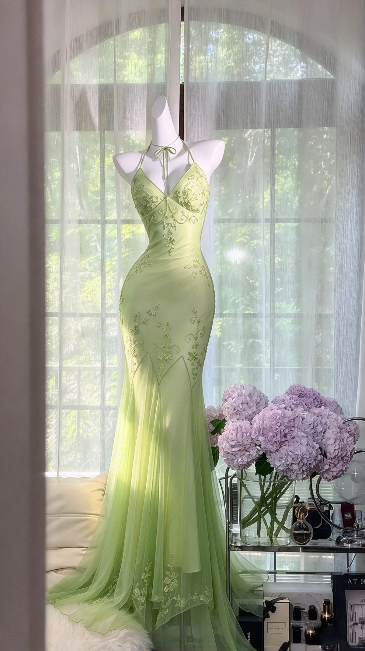 Modest Prom Dresses Mermaid Halter Sage Green With Beading Long Formal Dress RC1268