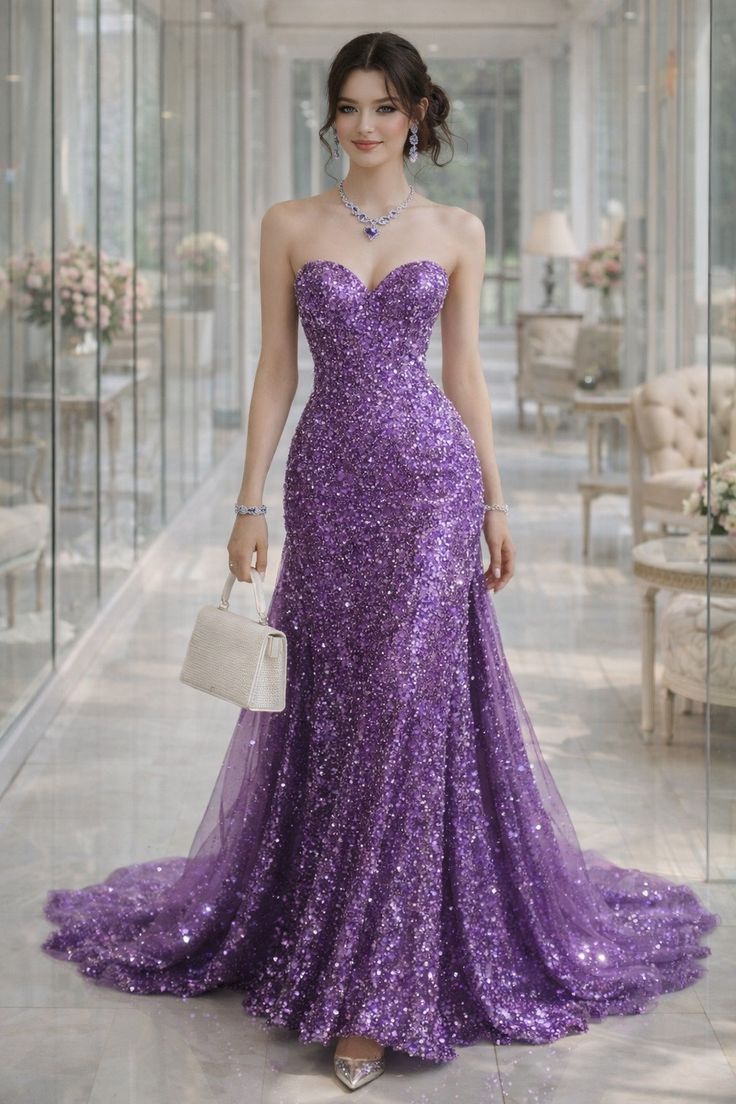 Eclectic Mermaid Sweetheart Grape Sequin Baddie Cruise Ship Formal Night Evening Dresses Long Birthday Outfit RB3826