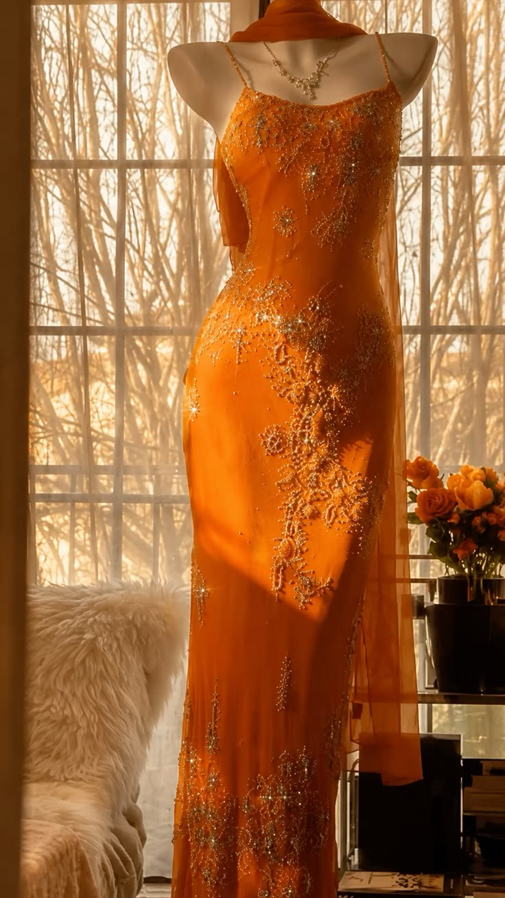 Orange Prom Dress Mermaid Spaghetti Straps Chiffon Evening Party Semi Gala Formal Dress RC1535