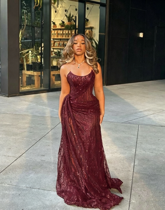 Glitzerndes trägerloses nachtblaues langes Partykleid, Ballkleid, Pailletten-Meerjungfrau, figurbetont für Damen N4092