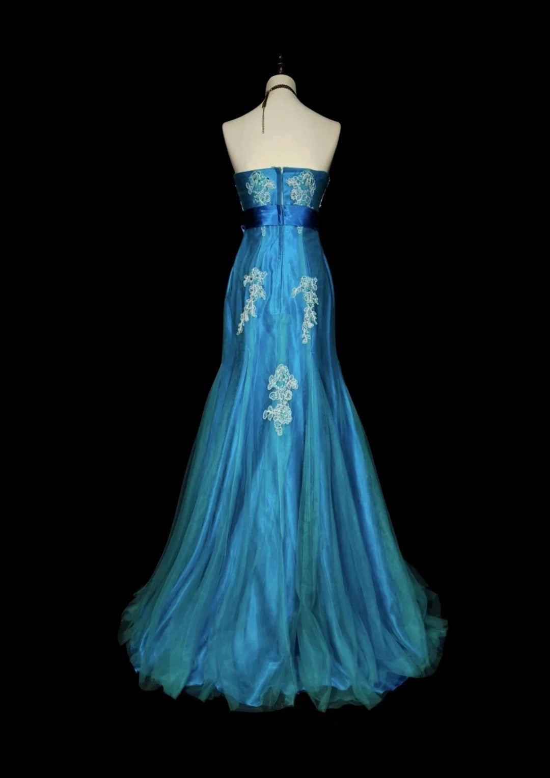 Robe de bal longue sirène vintage sans bretelles bleue années 2000 avec appliques N1359