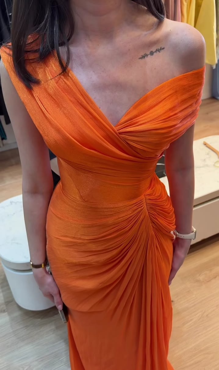 Orange Prom Dresses Inspiration Mermaid One Shoulder With Pleated Evening Gown Long Gala Formal Dress RC1498