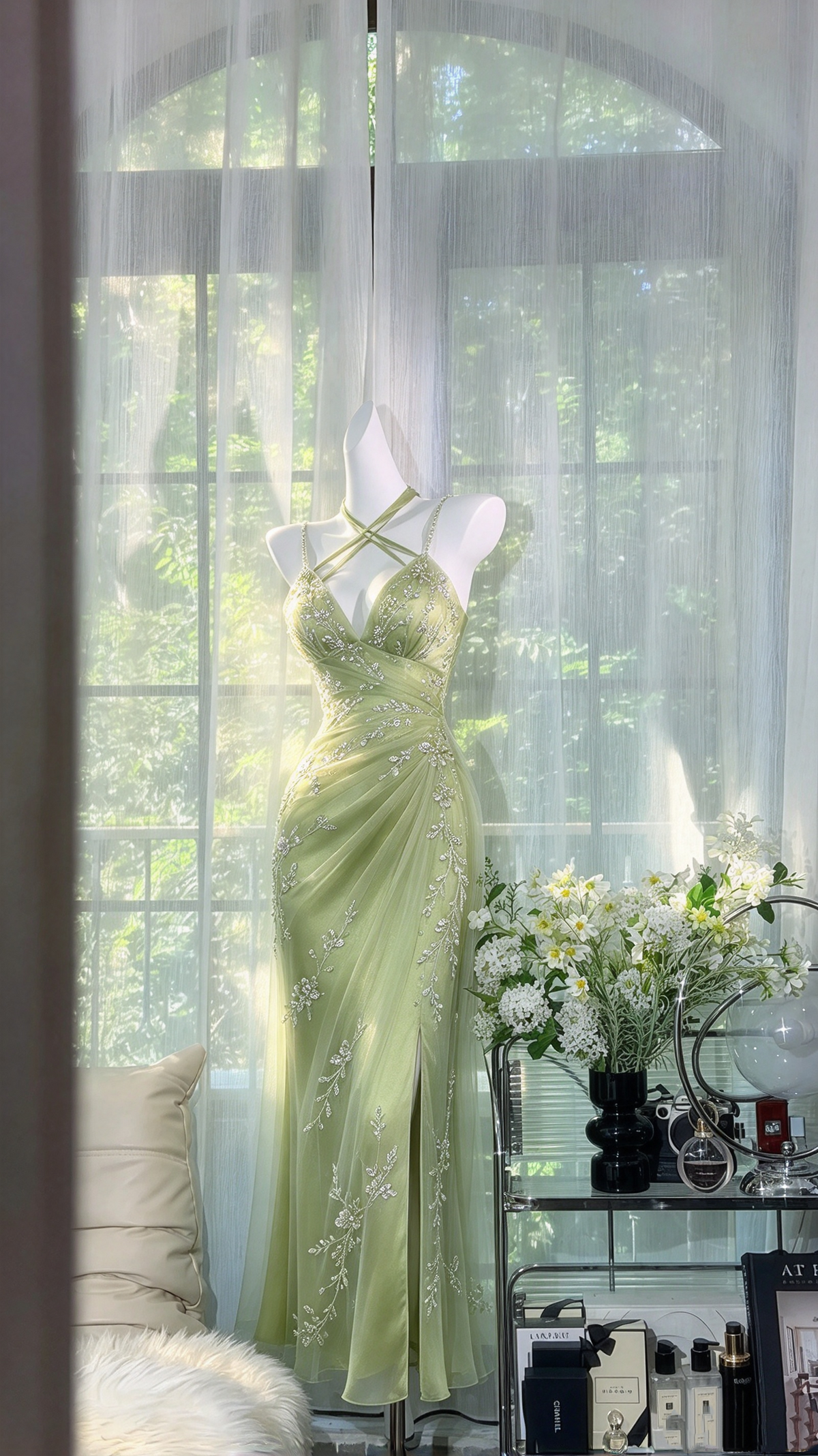 Sexy Mermaid Spaghetti Straps Sage Green Tulle Slit Lace Long Prom Dresses Inspo Party Gown RC1271