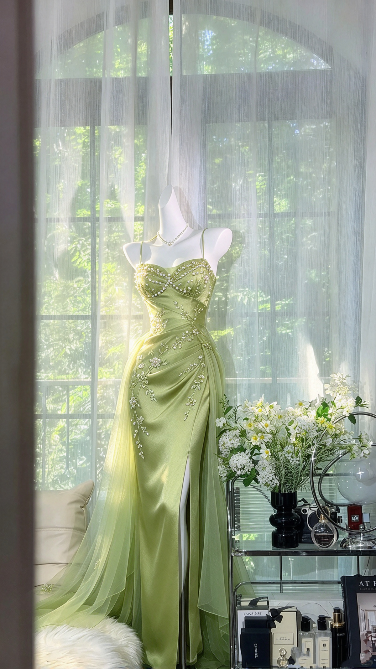 Modest Prom Dresses Mermaid Spaghetti Straps Sage Green With Beading Long Formal Dress RC1272