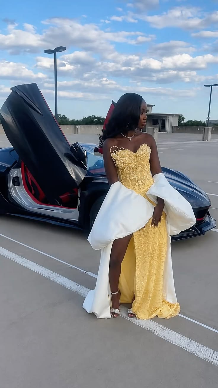 Pretty Yellow Strapless Corset Mermaid Beaded Long Prom Dress with Slit RC1297