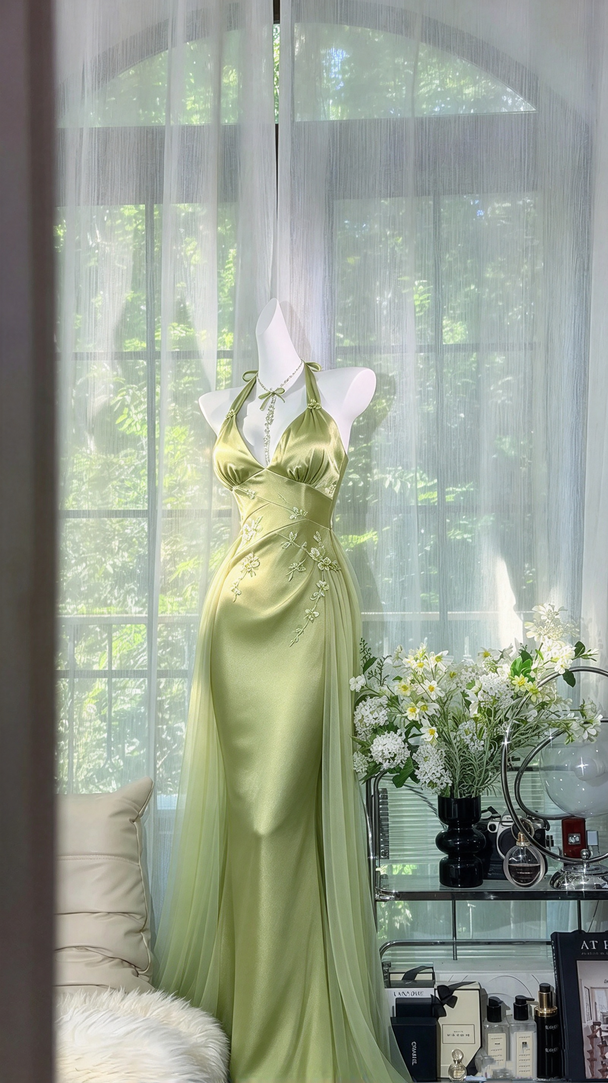 Modest Prom Dresses Mermaid Halter Sage Green Satin Tulle With Appliqued Long Formal Dress RC1273