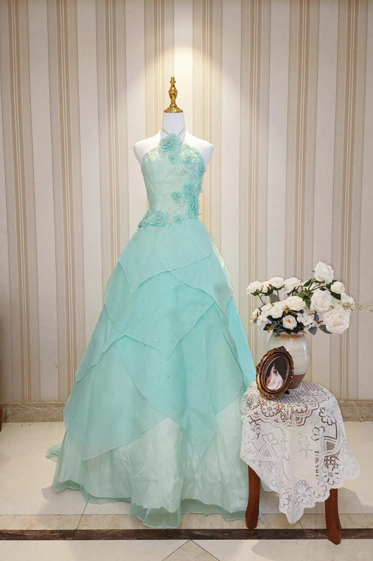 Prinzessin Ballkleid Hochgeschlossen Blau Rüschenlagen Stufenförmig Mit Blumen Sweet 16 Kleider Quinceanera Kleid N4189
