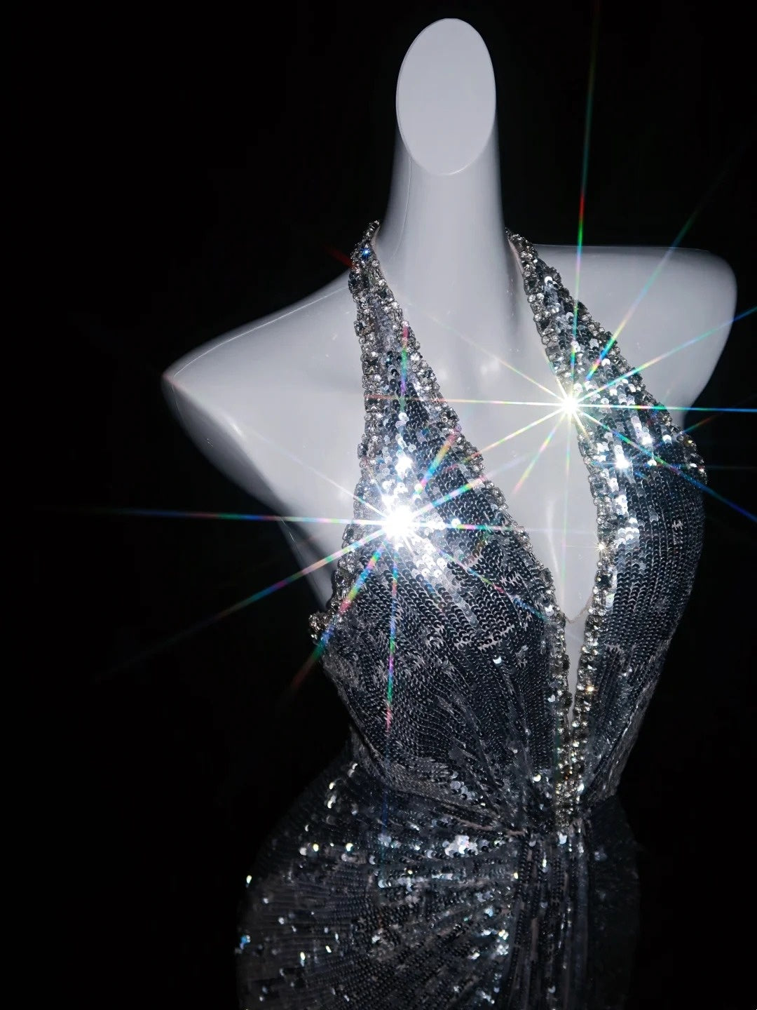 Robe de bal longue sirène grise à sequins et bretelles dos nu, tenue de soirée formelle N1075