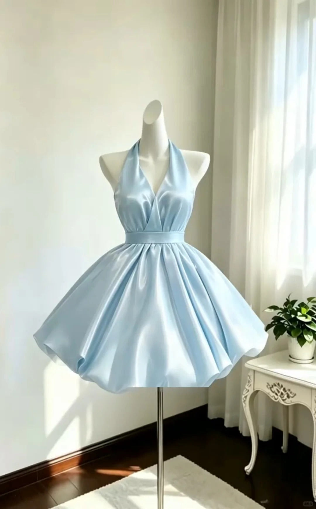 Elegant Ball Gown Halter Light Sky Blue Satin Short Cocktail Gown Homecoming Dresses Ideas Hoco Outfits RB4824