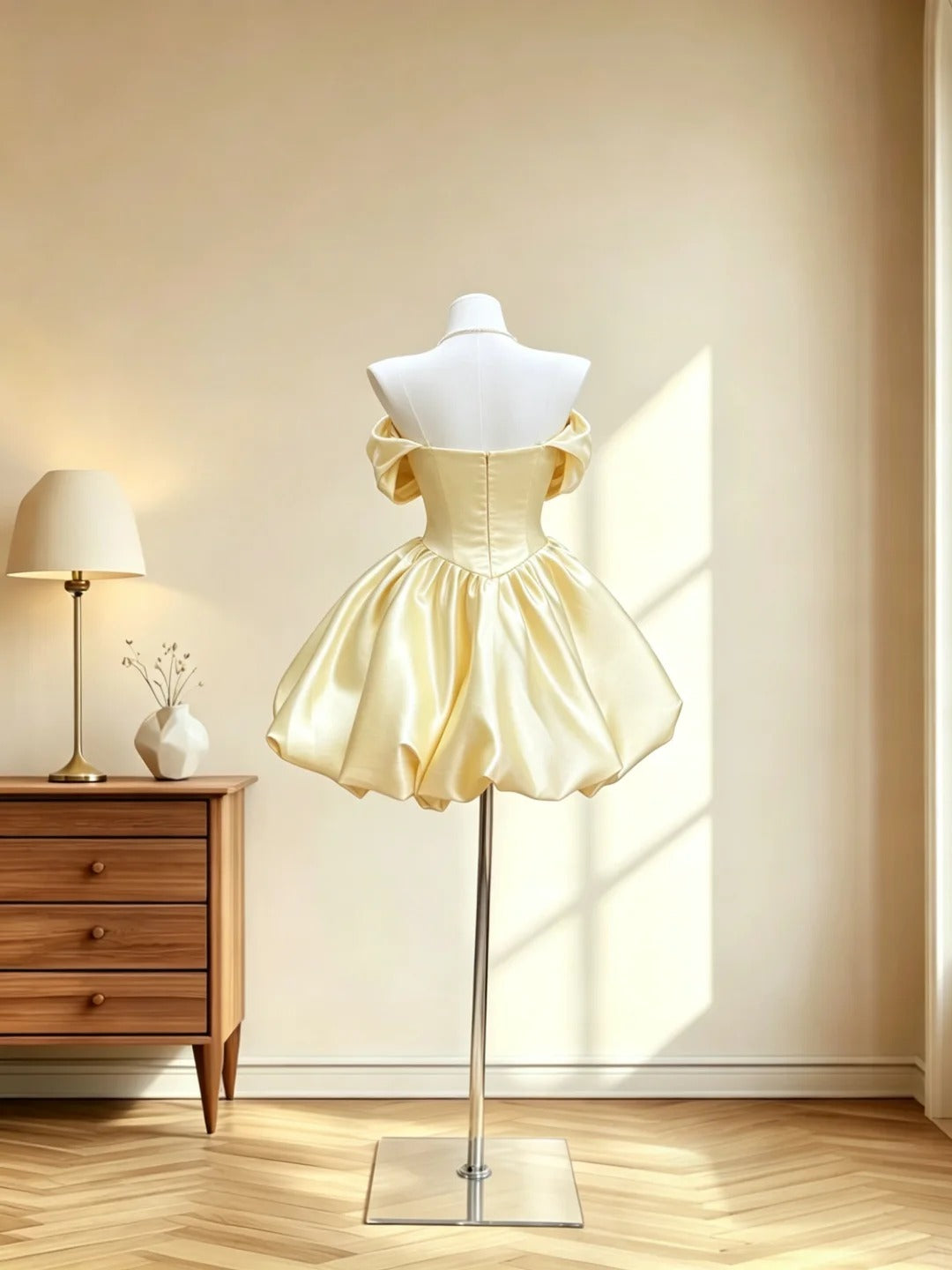 Schöne Outfit-Ideen für Teenager-Mädchen schulterfrei Inspo kurzes gelbes Ballkleid Geburtstagsoutfits Abschlussballkleid RB3062