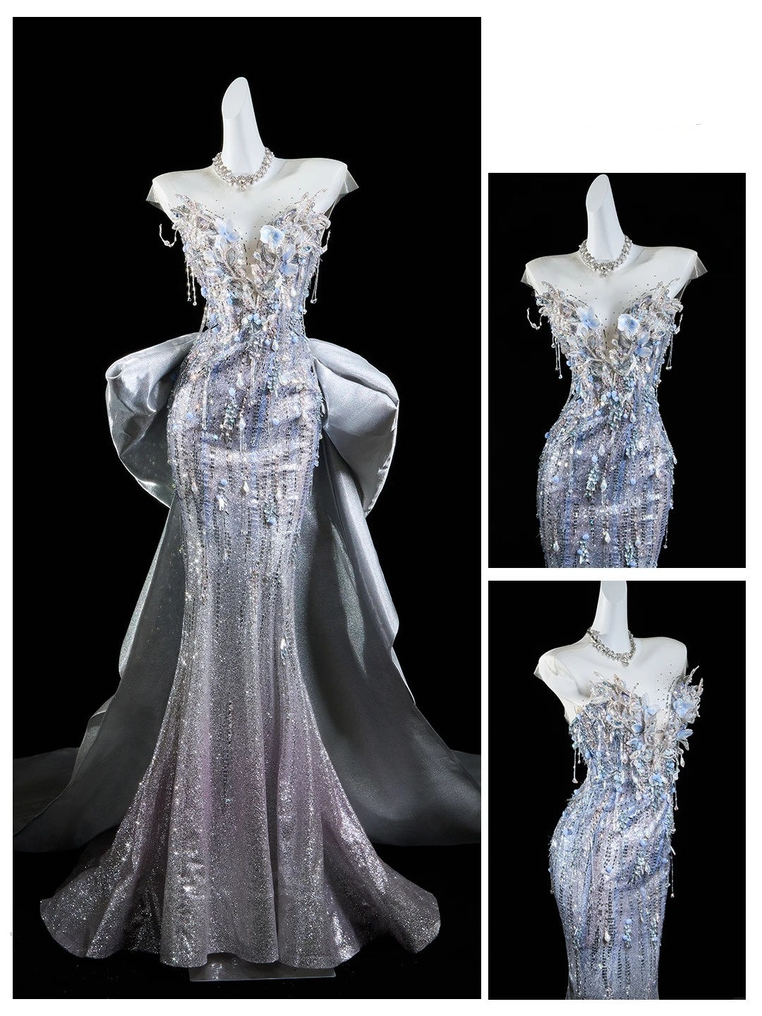 Robe de mariée sirène classique, décolleté cœur, sequins gris argentés et cristaux, robe de mariée N299