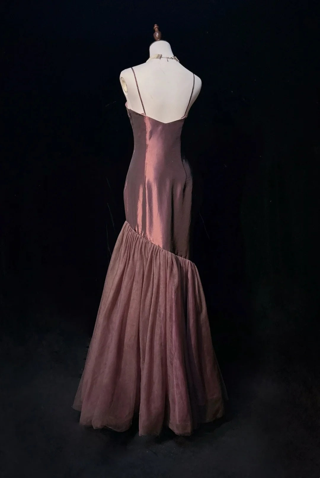 Robes de bal vintage sirène à fines bretelles en tulle marron années 80 avec volants longues tenues de soirée formelles N4214