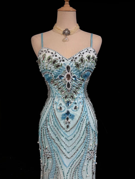 Vintage Y2K Meerjungfrau 2000er Blau Pink Ombré Abendkleid Farbverlauf Spaghettiträger Ballkleider N2441