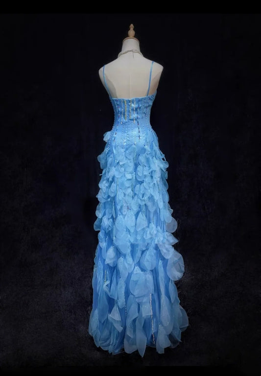 Elegantes Etui Spaghetti-Träger Blau Chiffon Mit Perlenbesetztem Oberteil Abendkleid Lange Abschlussballkleider N2727