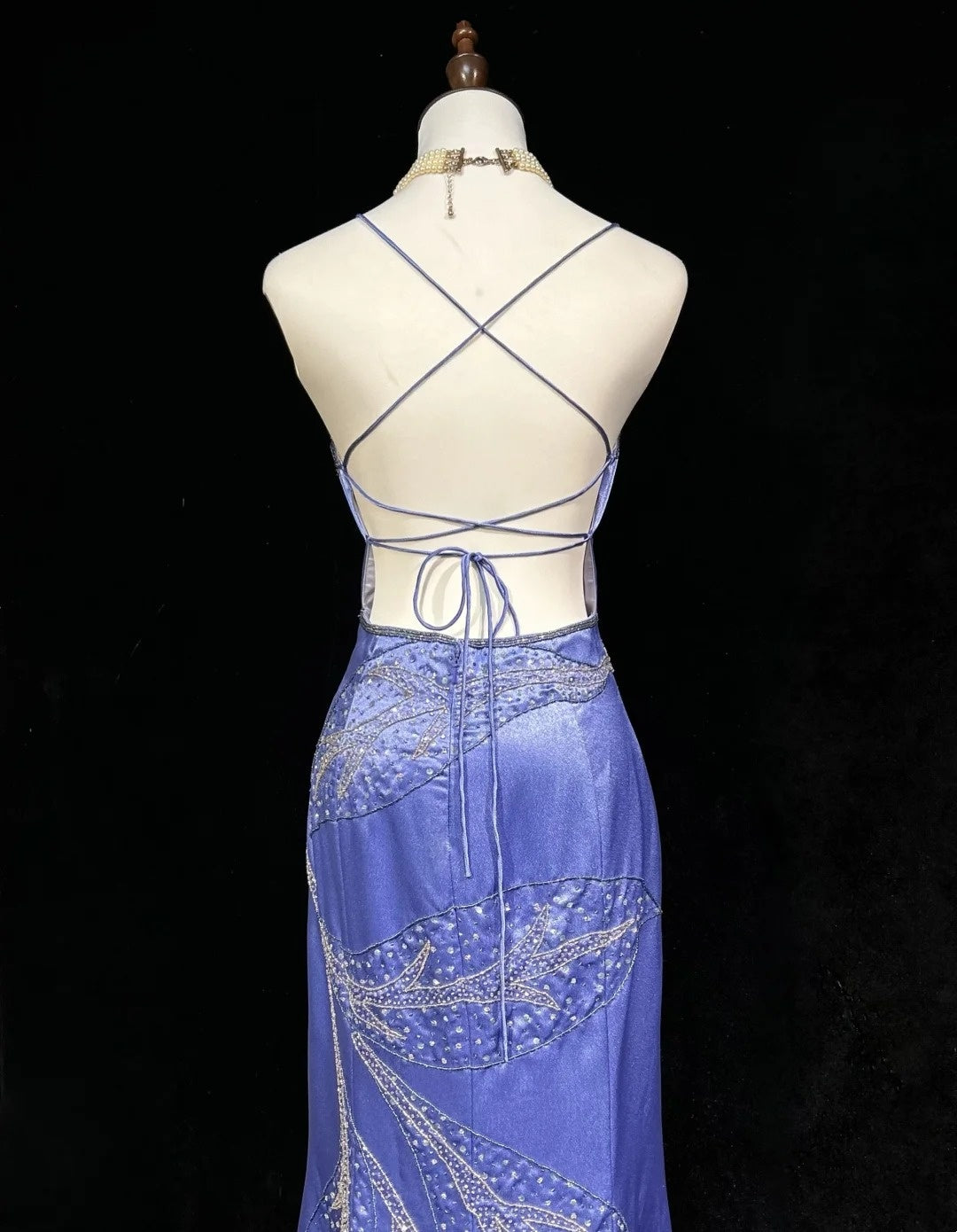 Robes de bal vintage des années 60 sirène à bretelles spaghetti lilas dos nu avec volants perlés longue robe de bal N3114