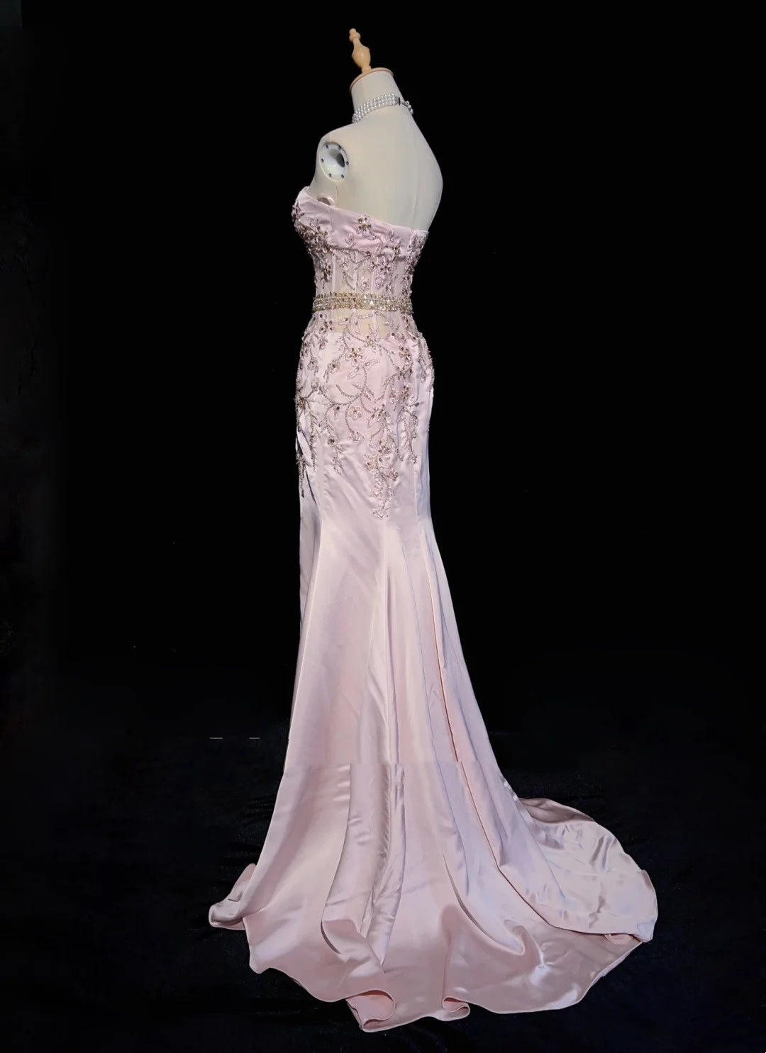 Robes de bal vintage des années 80 sirène bustier satin rose appliqué longues tenues de soirée formelles N3480