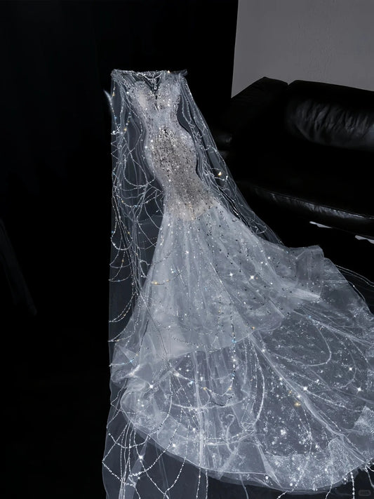 Pretty Mermaid Jewel Neck Sequin Silver With Beading Brides Gown Bridal Dress Style Long Wedding Dresses RB6566